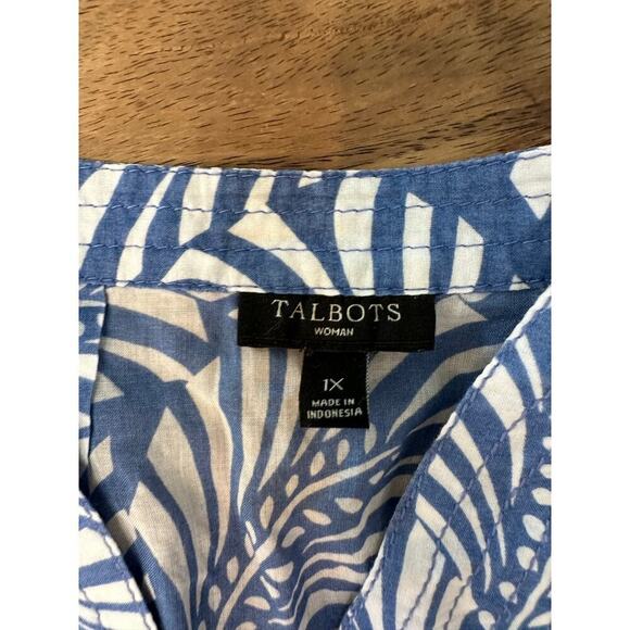 Talbots Blue V-Neck Palm Leaf Cotton Tunic swim cover up Top blouse Size 1X - Picture 3 of 5